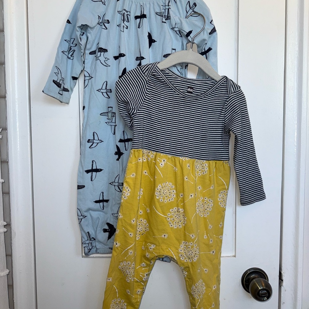 Striped Top & Mustard Floral and Blue Bird Baby Rompers (2)